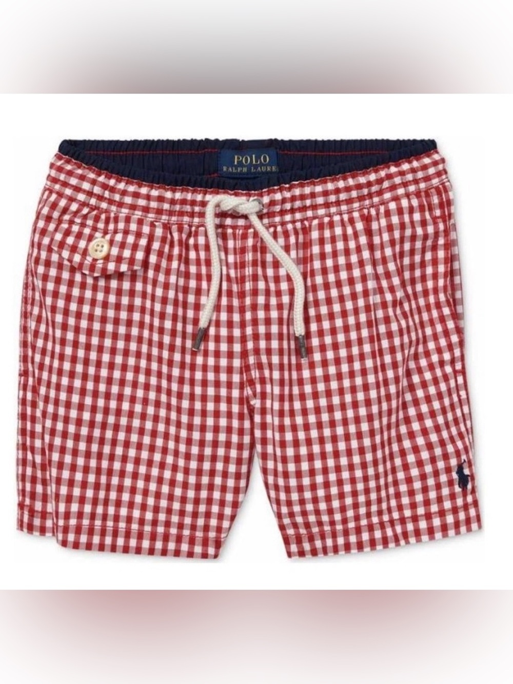 Polo by Ralph Lauren Red and White Gingham Drawstring Boys Swim Trunks